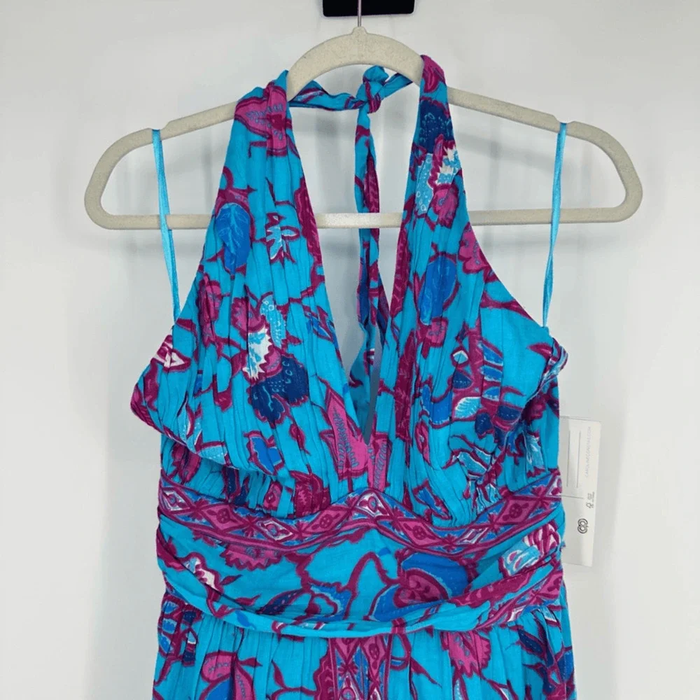 Caroline Constas Halter Fit Flare Smocked Maxi Dress XL Turquoise Gauze Cotton - Picture 10 of 16